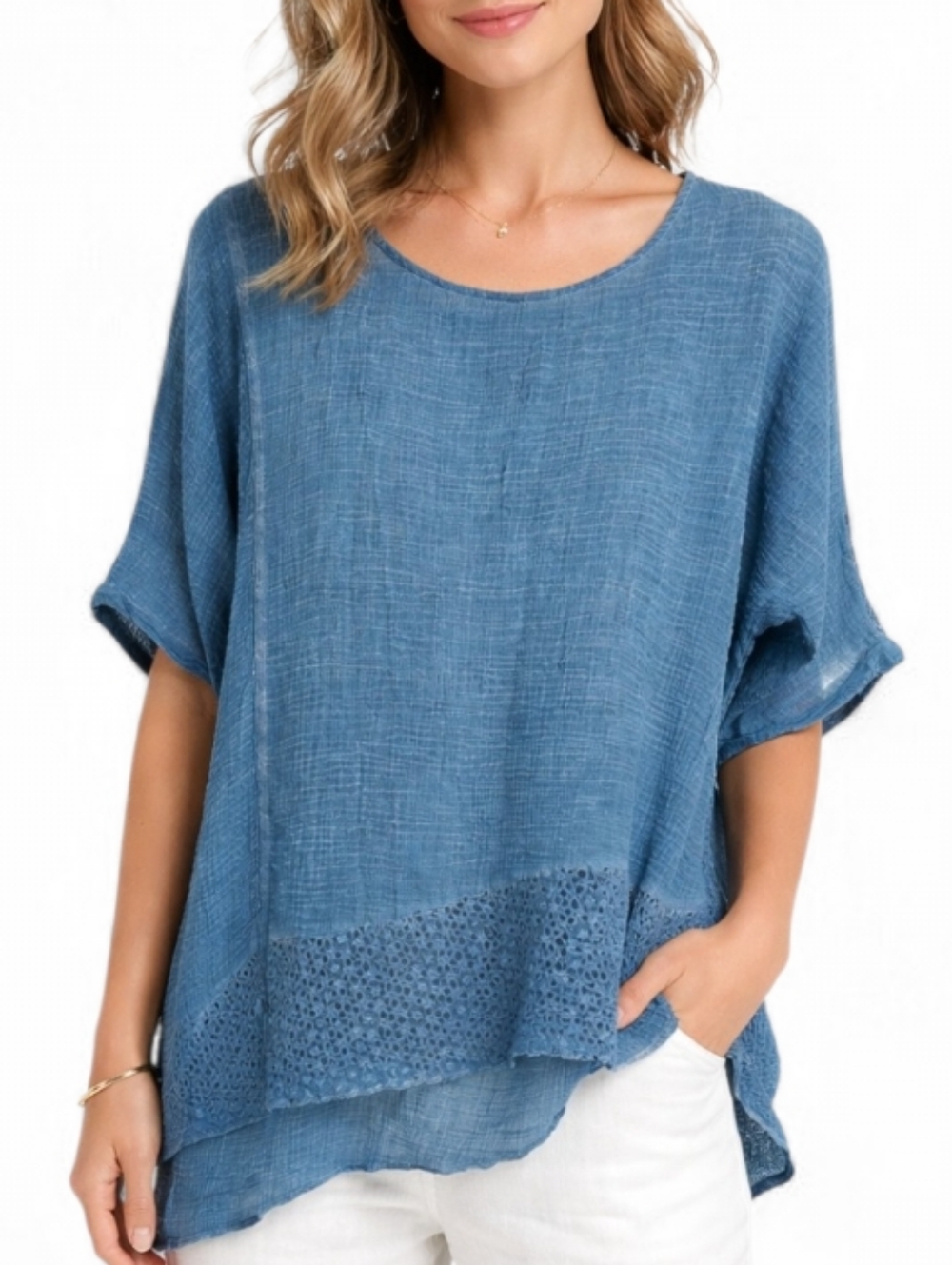 Democracy Blue Loose Crochet-Hem Short Sleeve Top
